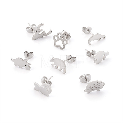 16 Pairs 16 Style Crocodiles & Dog & Swan & Hedgehog & Dinosaur & Bird 304 Stainless Steel Stud Earrings EJEW-CF0001-02P-1