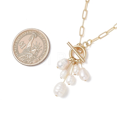Natural Pearl Rice Beads Tassel Pendant OT Necklaces with Brass Paperclip Chains NJEW-JN05941-1