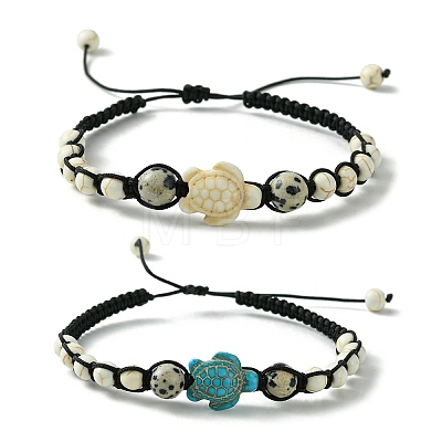 2Pcs 2 Color Natural Dalmation Jasper & Synthetic Turquoise Braided Bead Bracelet BJEW-JB09800-1