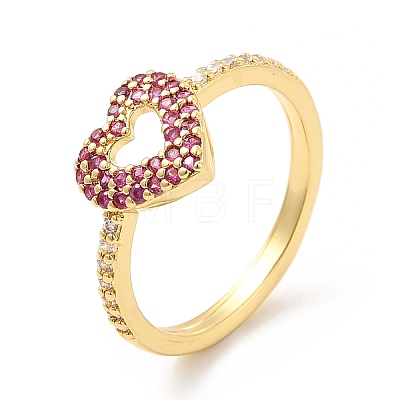 Rack Plating Brass Micro Pave Camellia & Crystal Cubic Zirconia Heart Rings RJEW-E064-15G-1