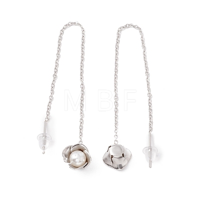 Flower with Plastic Pearl Long Dangle Stud Earrings EJEW-A067-08P-1