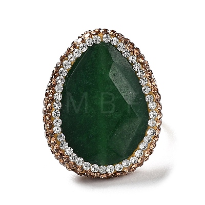 Natural Dyed Jade Teardrop Adjustable Ring with Rhinestone RJEW-E052-02G-02-1