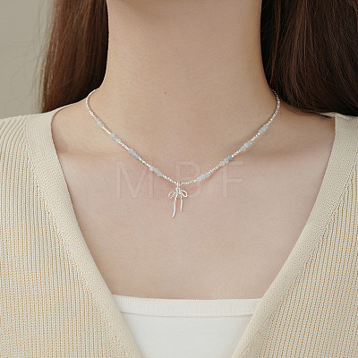 925 Sterling Silver Chip and Natural Aquamarine Round Beaded Bowknot Pendant Necklaces for Women FS-WGA1961-01-1