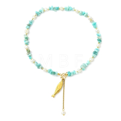 304 Stainless Steel Fish Pendant Natural Amazonite Chip and Pearl Beaded Necklaces for Women NJEW-JN06299-01-1