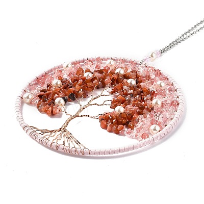Wire Wrapped Chips Natural Rose Quartz & Red Agate Big Pendant Decorations HJEW-A005-02B-1
