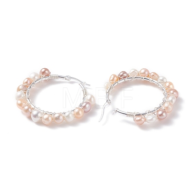 Natural Pearl Wire Wrapped Beaded Hoop Earrings for Women EJEW-JE04759-03-1