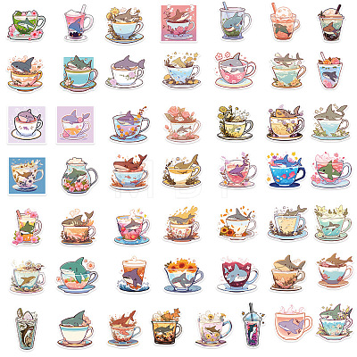 50Pcs Cup with Shark PVC Waterproof Self-Adhesive Stickers PW-WG92080-01-1