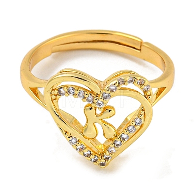 Heart with Letter Rack Plating Brass Micro Pave Clear Cubic Zirconia Adjustable Rings for Women RJEW-I105-01G-K-1