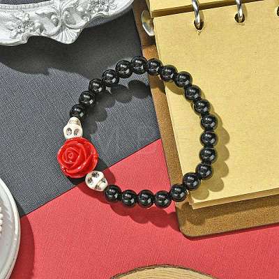 Halloween Theme 8.5mm Synthetic Black Stone Beaded Stretch Bracelets BJEW-JB10882-01-1