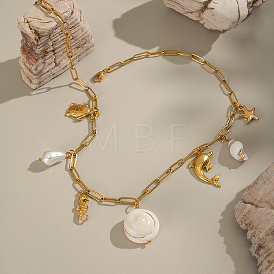 Summer Beach 304 Stainless Steel & Natural Shell Starfish Dolphin Sea Horse Pendant Paperclip Chain Necklaces for Women ZQ6874-1
