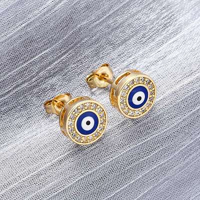 Blue Evil Eye Brass Stud Earrings ZIRC-Z017-01G-1