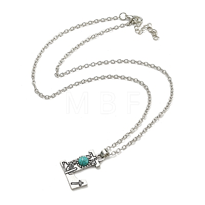 Letter A~Z Antique Silver Plated Alloy with Synthetic Turquoise Pendant Necklaces NJEW-G080-01L-1