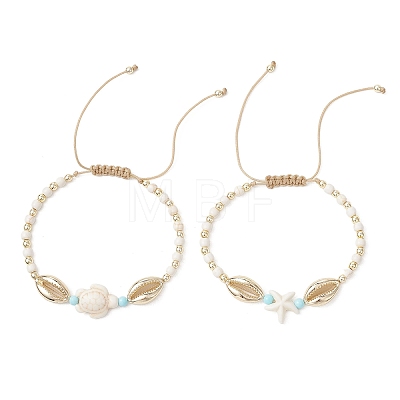 2Pcs 2 Styles Alloy & Natural Howlite & Synthetic Turquoise & Non-magnetic Hematite Braided Bead Brecelets BJEW-JB13786-1
