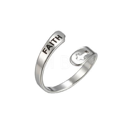 Hollow Out Cross with Word Faith 201 Stainless Steel Cuff Rings FS-WGED892-05-1