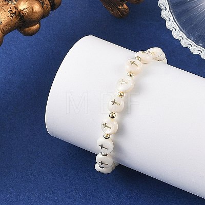 Natural Freshwater Shell Flat Round with Cross Beaded Stretch Bracelets for Women BJEW-JB14238-1