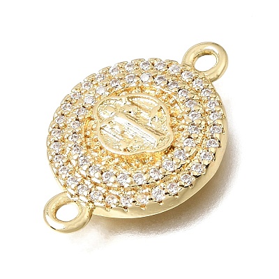 Brass Micro Pave Clear Cubic Zirconia Religion Flat Round Connector Charms KK-E802-31B-G-1