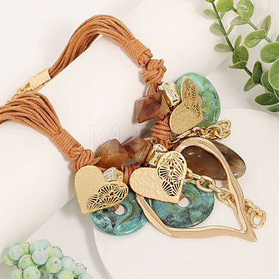 Bohemian Style Alloy Resin Disc Heart Pendant Multi-strand Waxed Cord Bib Necklaces for Women FS-WGB6778-01-1