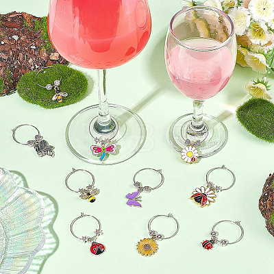 20Pcs 10 Styles Flower & Bee & Butterfly & Beetle Alloy Enamel Dangle Wine Glass Charms AJEW-BC0003-17-1