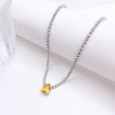 Brass Pave Cubic Zirconia Teardrop Pendant Tennis Necklaces FS-WGB48C6-04-1