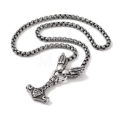 304 Stainless Steel Dragon Head King Box Chain Viking Mjolnir Thor Hammer Pendant Necklaces for Men NJEW-K278-15AS-1