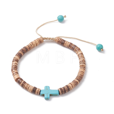 Dyed Synthetic Turquoise Corss & Coconut Disc Braided Bead Bracelet for Women BJEW-JB09353-1