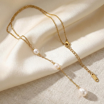 Adjustable Triple Faux Pearl Oval Tassel 304 Stainless Steel Lariat Y Necklaces for Women LS-UT5440-1-1
