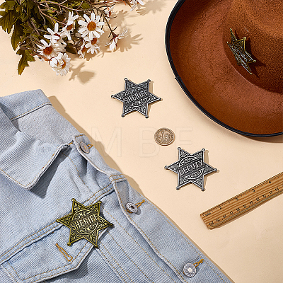 4Pcs 4 Styles Vintage SHERIFF DEPUTY Alloy Star Brooches JEWB-FG0001-80-1