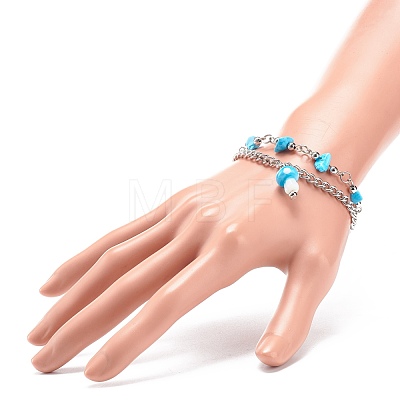 Synthetic Turquoise(Dyed) Chips Beaded Double Line Multi-strand Bracelet BJEW-JB08669-1