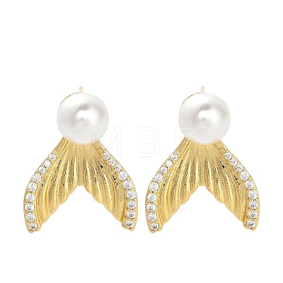 Fishtail Brass Micro Pave Clear Cubic Zirconia Stud Earring Findings KK-D102-06G-1