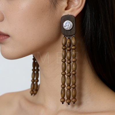 Wood & Imitation Pearl Stud Earrings WGE84F1-01-1
