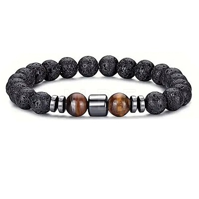 Natural Lava Rock & Tiger Eye & Synthetic Non-magnetic Hematite Beaded Stretch Bracelets for Men OT1378-3-1