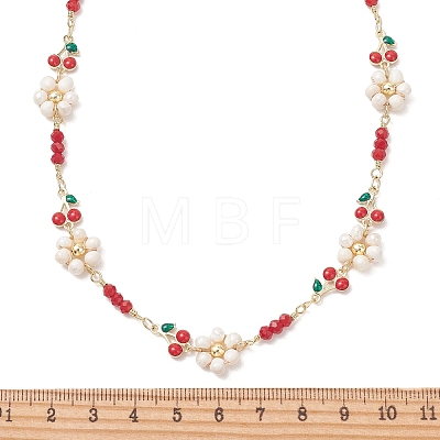 Natural Cultured Freshwater Pearl Beaded Flower and Brass Enamel Cherry Link Chain Necklaces NJEW-JN06292-1