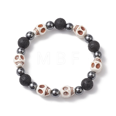 2Pcs Halloween Skull Synthetic Turquoise & Round Lava Rock & Synthetic Non-Magnetic Hematite Beaded Stretch Bracelet Sets for Women BJEW-JB10656-1