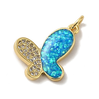 Rack Plating Brass Micro Pave Cubic Zirconia with Synthetic Opal Pendants KK-D088-07G-1