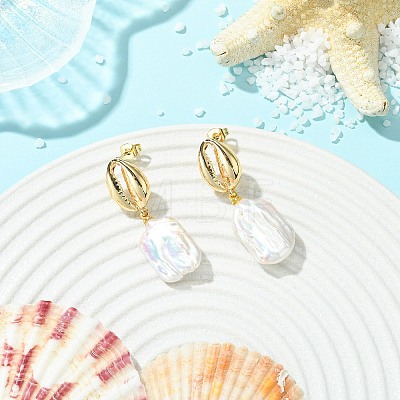 Nuggets with Shell Shape Natural Amber & Natural Cultured Freshwater Pearl Dangle Stud Earrings EJEW-JE07023-1