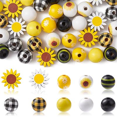 50Pcs 10 Styles Sunflower Theme Printed Wood Beads WOOD-CJ0001-78-1