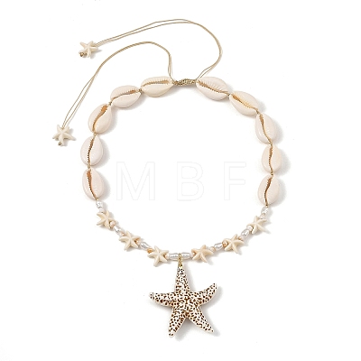 Summer Beach Adjustable Acrylic Starfish Pendant Natural Cowrie Shell & Synthetical Turquoise & Imitation Pearl Beaded Braided Necklaces for Women NJEW-JN06374-1