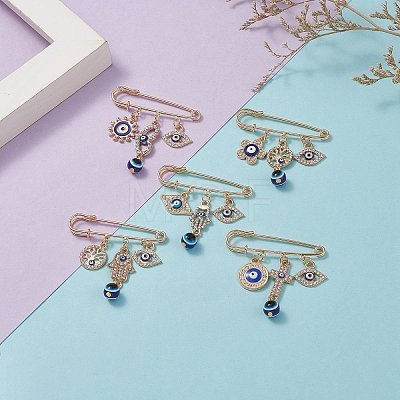 Crystal Rhinestone Evil Eye Charms Safety Pin Brooch with Resin Beaded JEWB-BR00088-1
