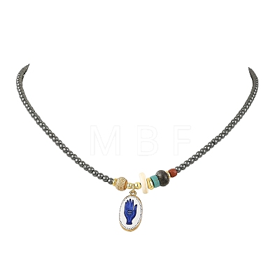 Printed 304 Stainless Steel Oval with Hand Pendant Synthetic Non-magnetic Hematite Round Beaded Necklaces NJEW-JN06690-1