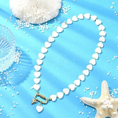 Heart Natural Freshwater Shell Beaded Necklaces with 304 Stainless Steel Screw Carabiner Lock NJEW-JN06202-1