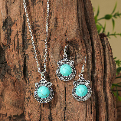 Bohemian Ethnic Style Zinc Alloy & Synthetic Turquoise Pendant Necklaces & Dangle Earrings Sets WG7E01E-04-1