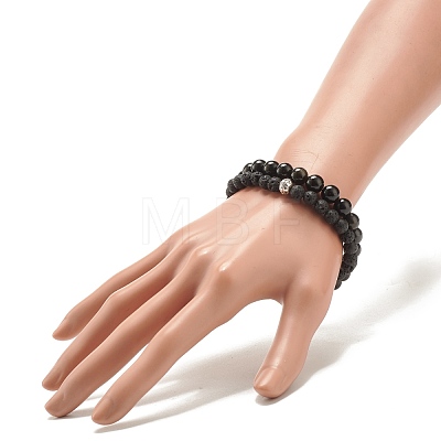 2Pcs 2 Style Natural Golden Sheen Obsidian & Lava Rock Stretch Bracelets Set BJEW-JB08193-01-1