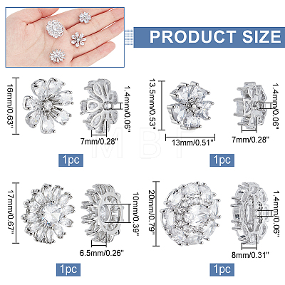 4Pcs 4 Style 1-Hole Brass Micro Pave Cubic Zirconia Shank Buttons BUTT-NB0001-52-1