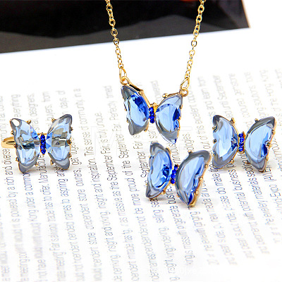 Butterfly Alloy Glass Pendant Necklaces & Stud Earrings & Rings Sets for Women WG31995-12-1