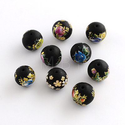 Flower Picture Brushwork Glass Round Beads GFB-R004-14mm-M21-1