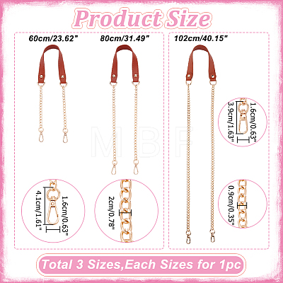 WADORN 3Pcs 3 Style PU Leather Curb Chain Bag Straps FIND-WR0010-42A-1