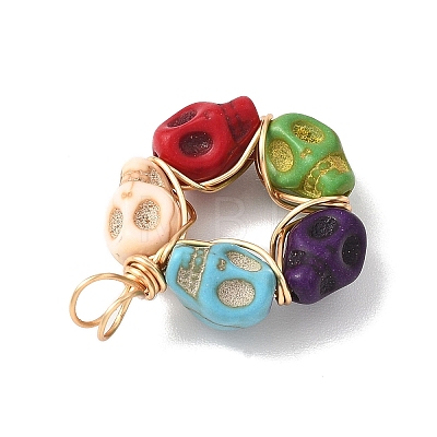 Copper Wire Wrapped Dyed Synthetic Turquoise Skull Beaded Pendants PALLOY-JF04676-1