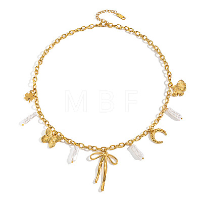 Summer Beach 304 Stainless Steel Bowknot Clover Pendant Necklaces with Imitation Keshi Pearl Tassel for Women LH7473-1