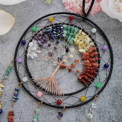 7 Chakra Natural Mixed Stone Chips Tree of Life Woven Net/Web with Feather Hanging Ornaments HJEW-A013-05-1