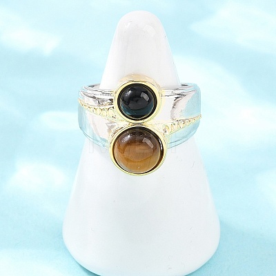 Natural Black Agate & Natural Tiger Eye with Brass Cuff Open Rings RJEW-B163-01GP-02-1